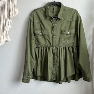 Free People Pearl Snap Army Green Peplum Jacket - L